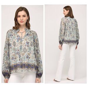 Fate Border Print Tie Neck Peasant Blouse Womens Sz L Long Sleeve Cotton Voile